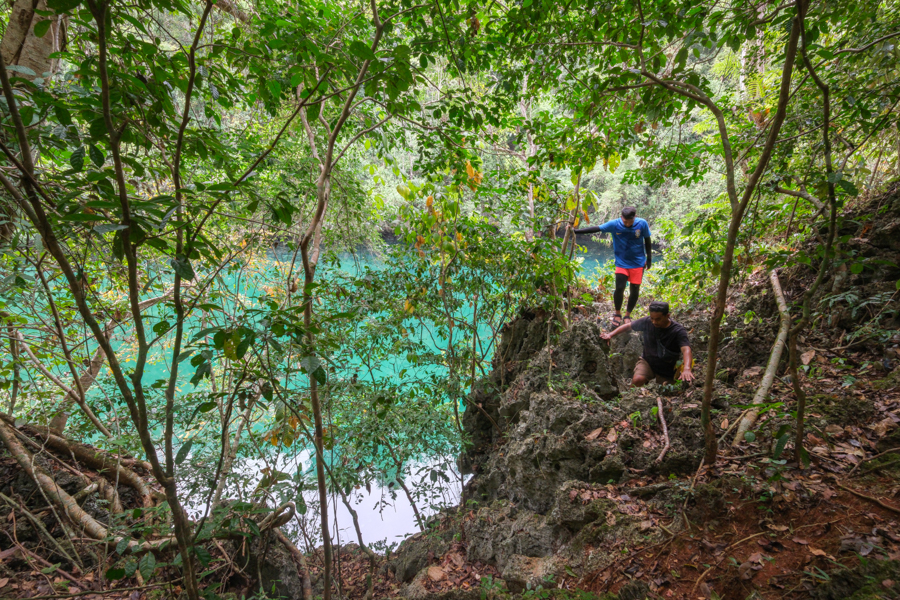 Hikers finding a path down to the jellyfish lake